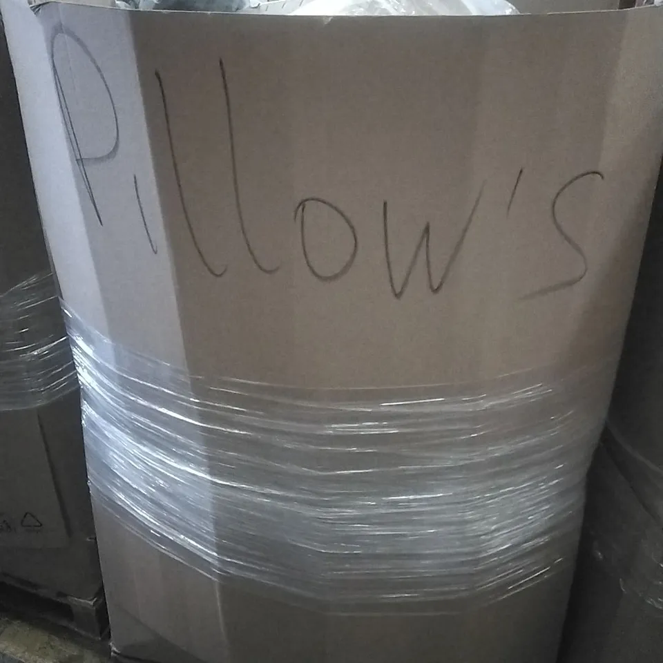 A PALLET CONTAINING A LARGE QUANTITY OF ASSORTED PILLOWS WHICH INCLUDE; MEMORY FOAM, LUMBAR PILLOWS ETC