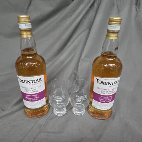 SET OF 2 TOMINTOUL SINGLE MALT SCOTCH WHISKY WITH 2 GLASSES 