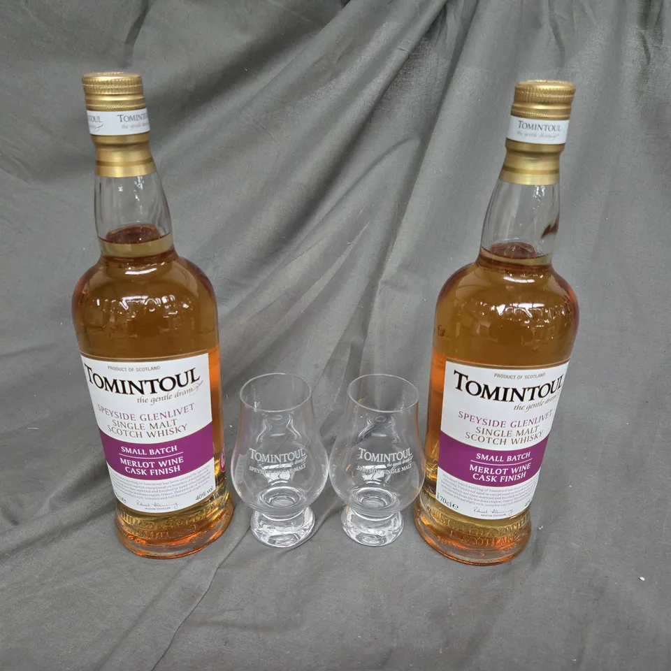 SET OF 2 TOMINTOUL SINGLE MALT SCOTCH WHISKY WITH 2 GLASSES 