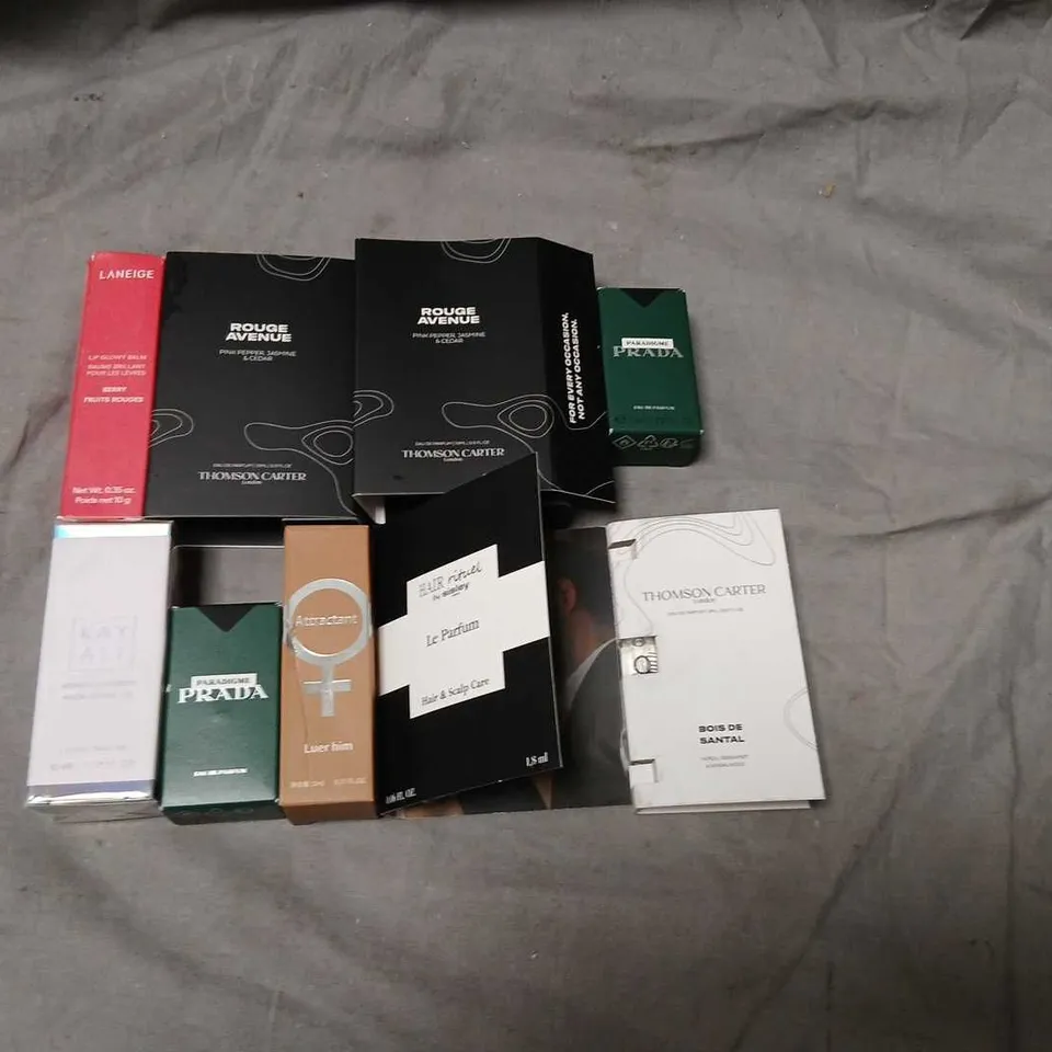 LARGE QUANTITY OF ASSORTED TESTER AND SAMPLE FRAGRANCES TO INCLUDE; PRADA, KAY ALI, THOMPSON CARTER AND SISLEY