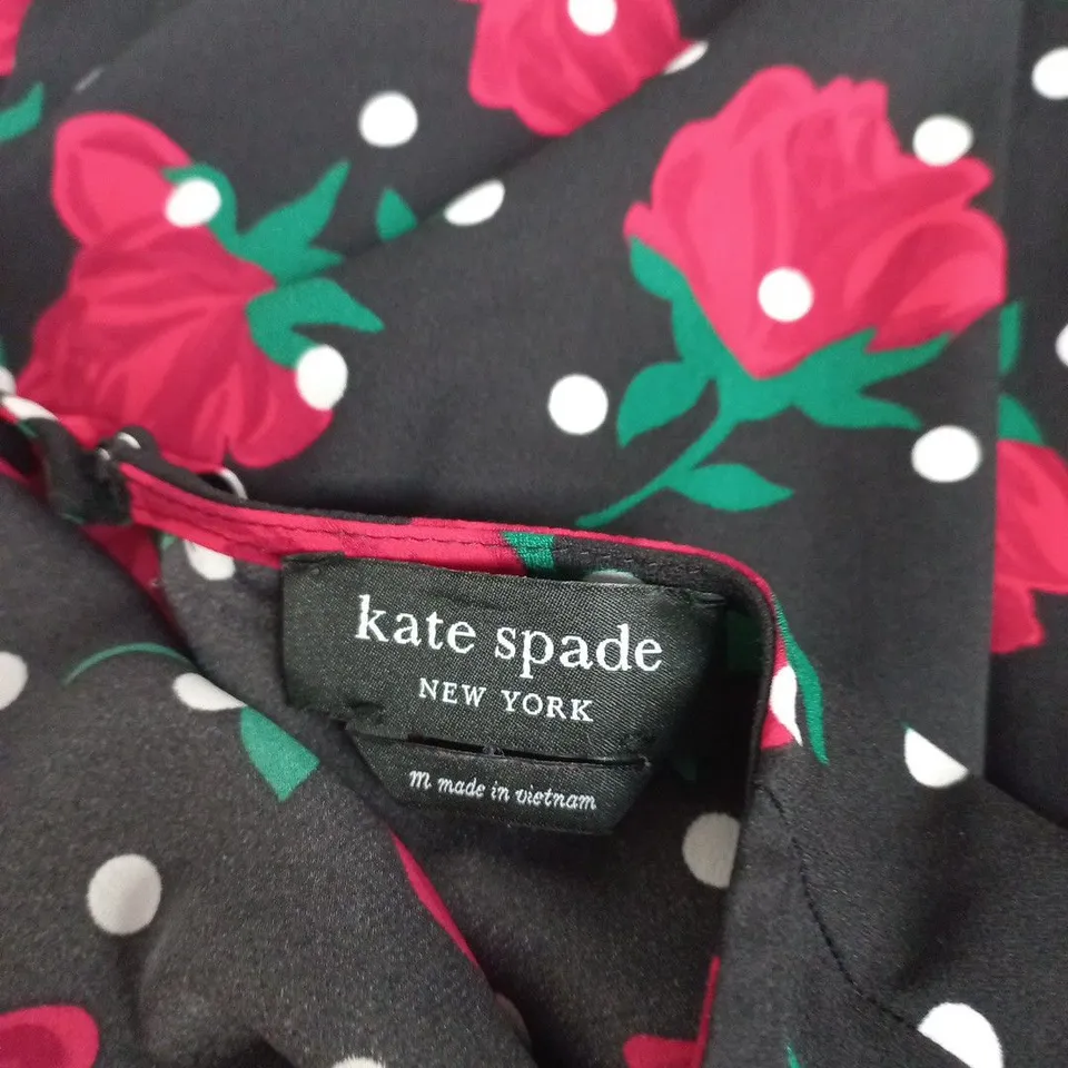 KATE SPADE NEW YORK BLACK FLORAL DRESS WITH RED ROSES & WHITE POLKA DOTS – SIZE M