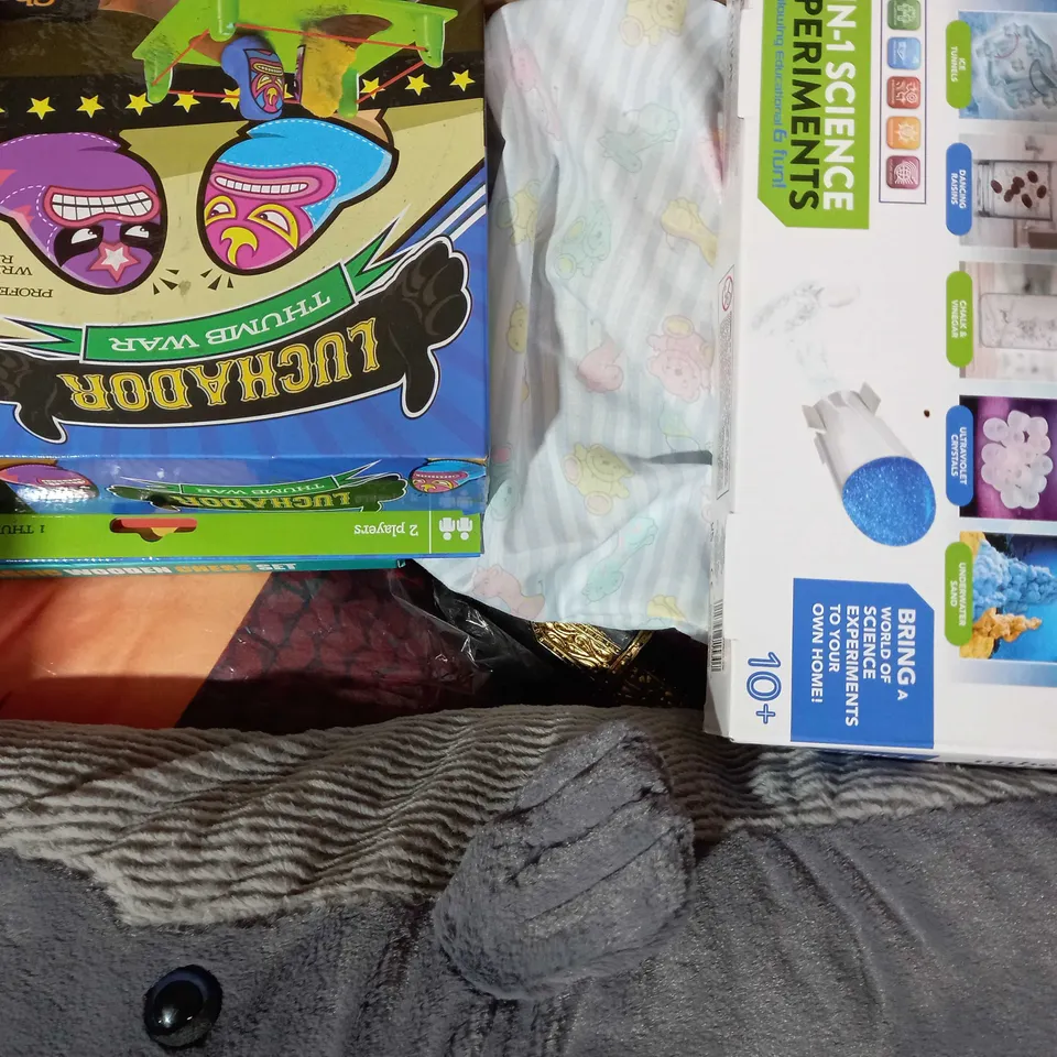 BOX OF APPROXIMATELY 15 ASSORTED TOYS AND GAMES TO INCUDE LUCHADOR THUMB WAR, MIND GAMES CHESS, 12-IN-1 SCIENCE EXPERIMENTS