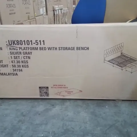 BRAND NEW KING PLATFORM BED WITH STORAGE BENCH  -SILVER/GREY-