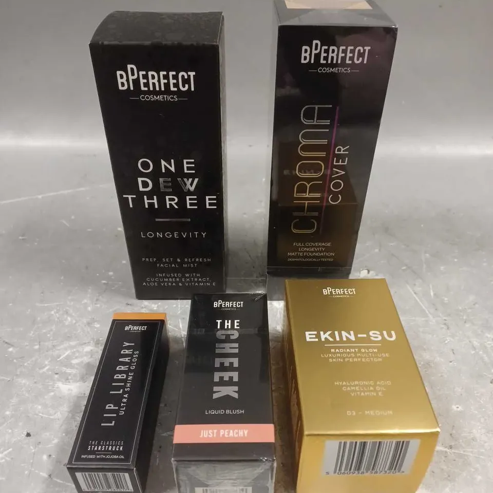 BPERFECT LOT OF 5 ASSORTED COSMETIC ITEMS TO INCLUDE - CHROMA COVER MATTE FOUNDATION IN N2 - THE CHEEK JUST PEACHY LIQUID BLUSH - EKIN-SU SKIN PERFECTOR - ETC