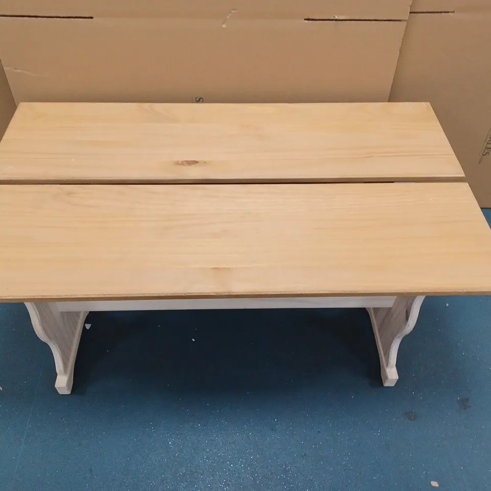 WOODEN TABLE APPROX 110 X 65CM WITH TWO BENCHES APPROX 105X30CM EACH - COLLECTION ONLY