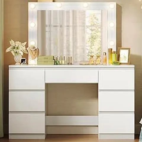 BOXED WOLTU DRESSING TABLE WITH LED BULB LIGHTS, ADJUSTABLE BRIGHTNESS VANITY TABLE MAKEUP DESK WITH LARGE MIRROR AND 7 DRAWERS, 107 X 140.5 X 39.5 CM, WHITE BEDROOM DRESSER, MB6099WS