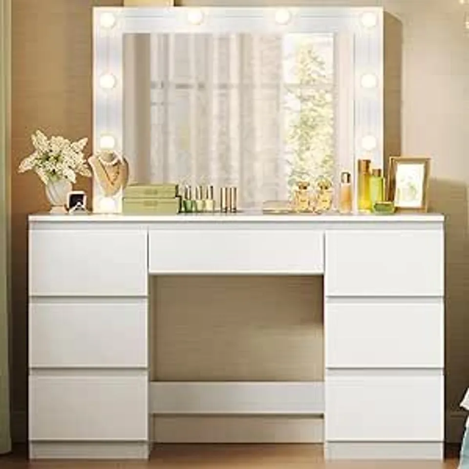 BOXED WOLTU DRESSING TABLE WITH LED BULB LIGHTS, ADJUSTABLE BRIGHTNESS VANITY TABLE MAKEUP DESK WITH LARGE MIRROR AND 7 DRAWERS, 107 X 140.5 X 39.5 CM, WHITE BEDROOM DRESSER, MB6099WS