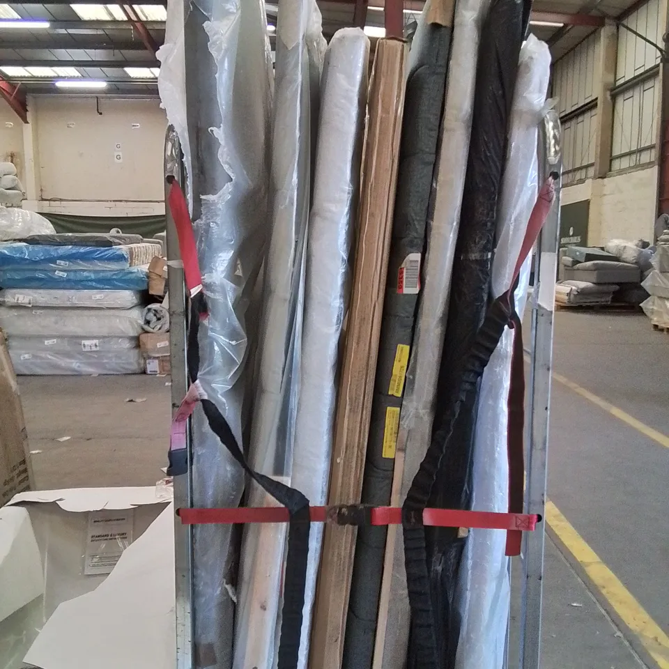 CAGE CONTAINING 8 HEADBOARDS IN VARIOUS SIZES AND COLOURS