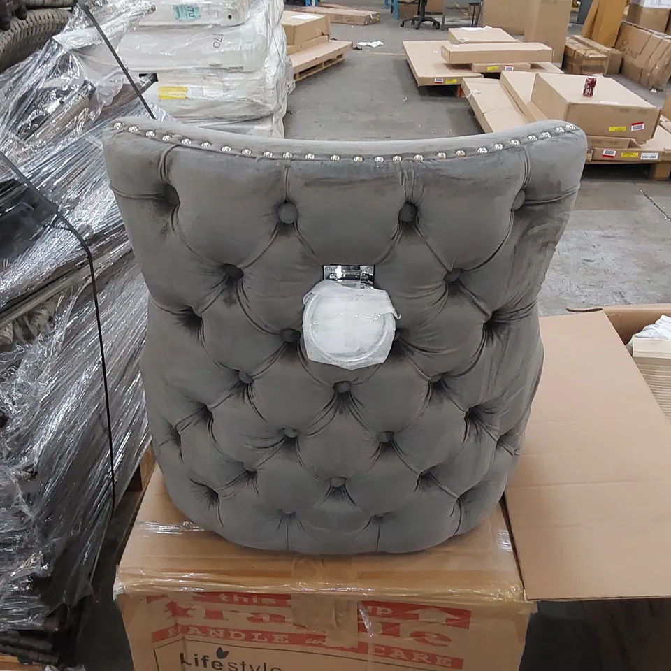 BOXED ELIZABETH DINING CHAIR IN GREY VELVET WITH ROUND CHROME KNOCKER - SET OF 2