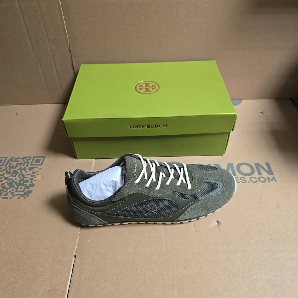 TORY BURCH SNEAKERS – OLIVE/KHAKI GREEN WITH WHITE LACES (BOXED) - US SIZE 10