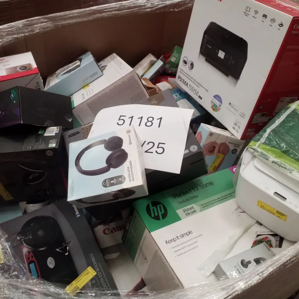 PALLET CONTAINING ASSORTED ELECTRICAL RETURNS INCLUDING CANON PIXMA TS3350 PRINTER, SHARP DIGITAL RADIO, PAN/TILT HOME SECURITY WIFI CAMERA, GAMING HEADSET, UNIVERSAL REMOTE & BLUETOOTH SPEAKERS