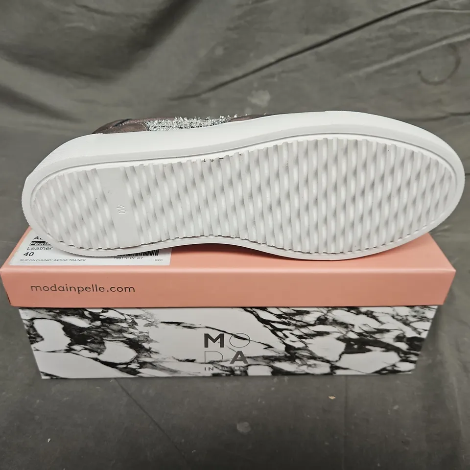 BOXED PAIR OF MODA IN PELLE PEWTER SLIP ON CHUNKY WEDGE TRAINERS - UK SIZE 40