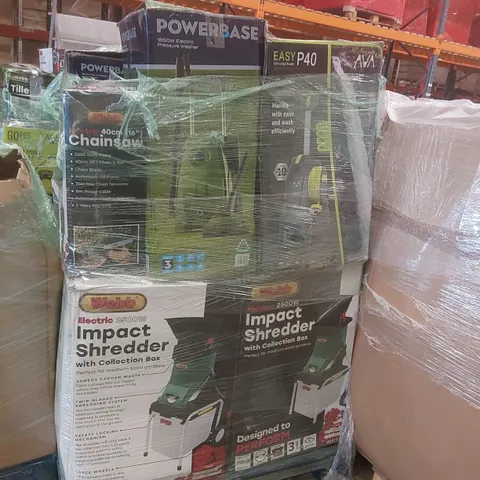 PALLET CONTAINING A VERY LARGE QUANTITY OF ASSORTED GARDEN TOOLS INCLUDING: POWERBASE LAWN MOWERS, PRESSURE WASHERS, CORDLESS POLE HEDGE TRIMMER, 2500W IMPACT SHREDDERS ECT