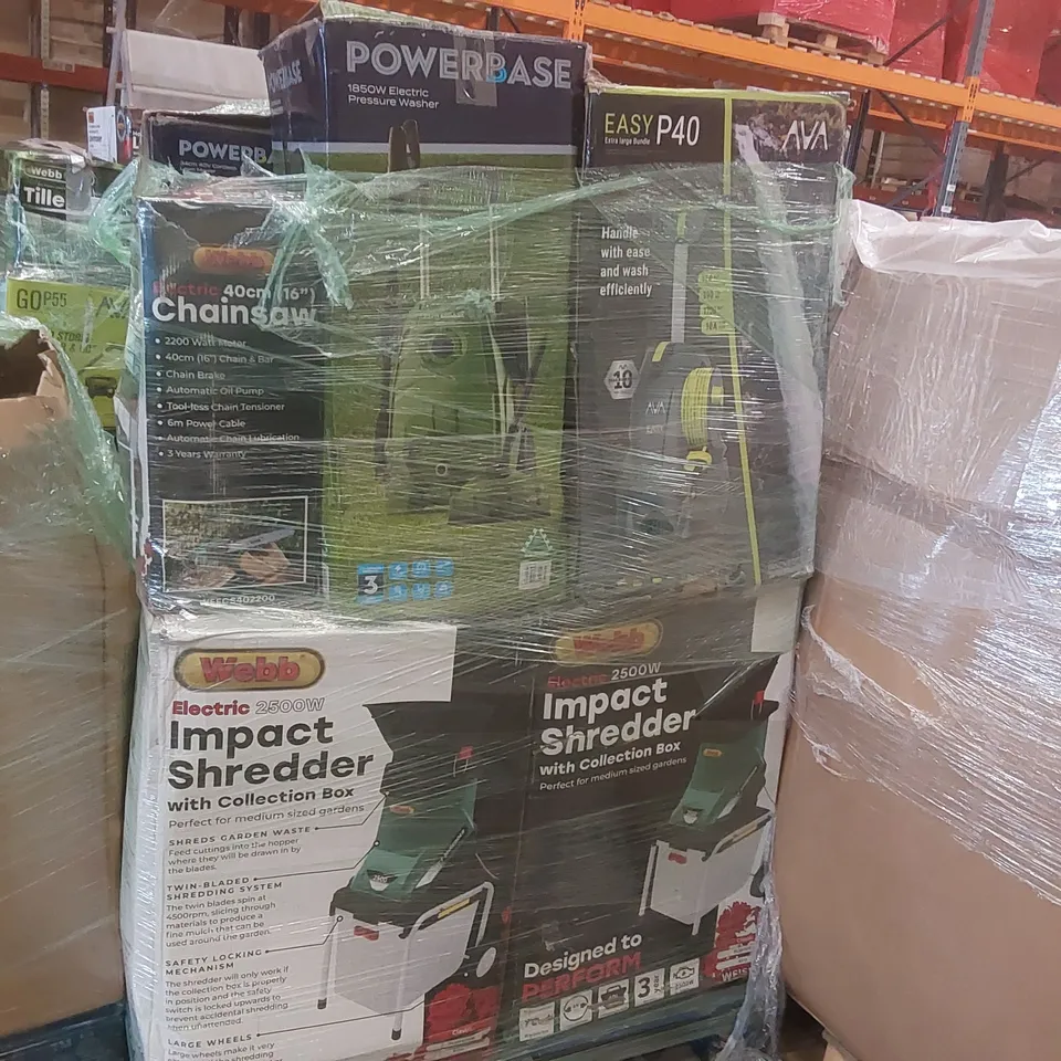 PALLET CONTAINING A VERY LARGE QUANTITY OF ASSORTED GARDEN TOOLS INCLUDING: POWERBASE LAWN MOWERS, PRESSURE WASHERS, CORDLESS POLE HEDGE TRIMMER, 2500W IMPACT SHREDDERS ECT