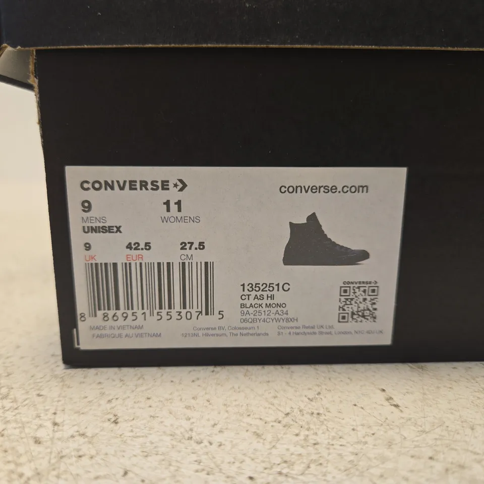 BOXED PAIR OF CONVERSE BLACK HIGH-TOP BOOTS – UK SIZE 9