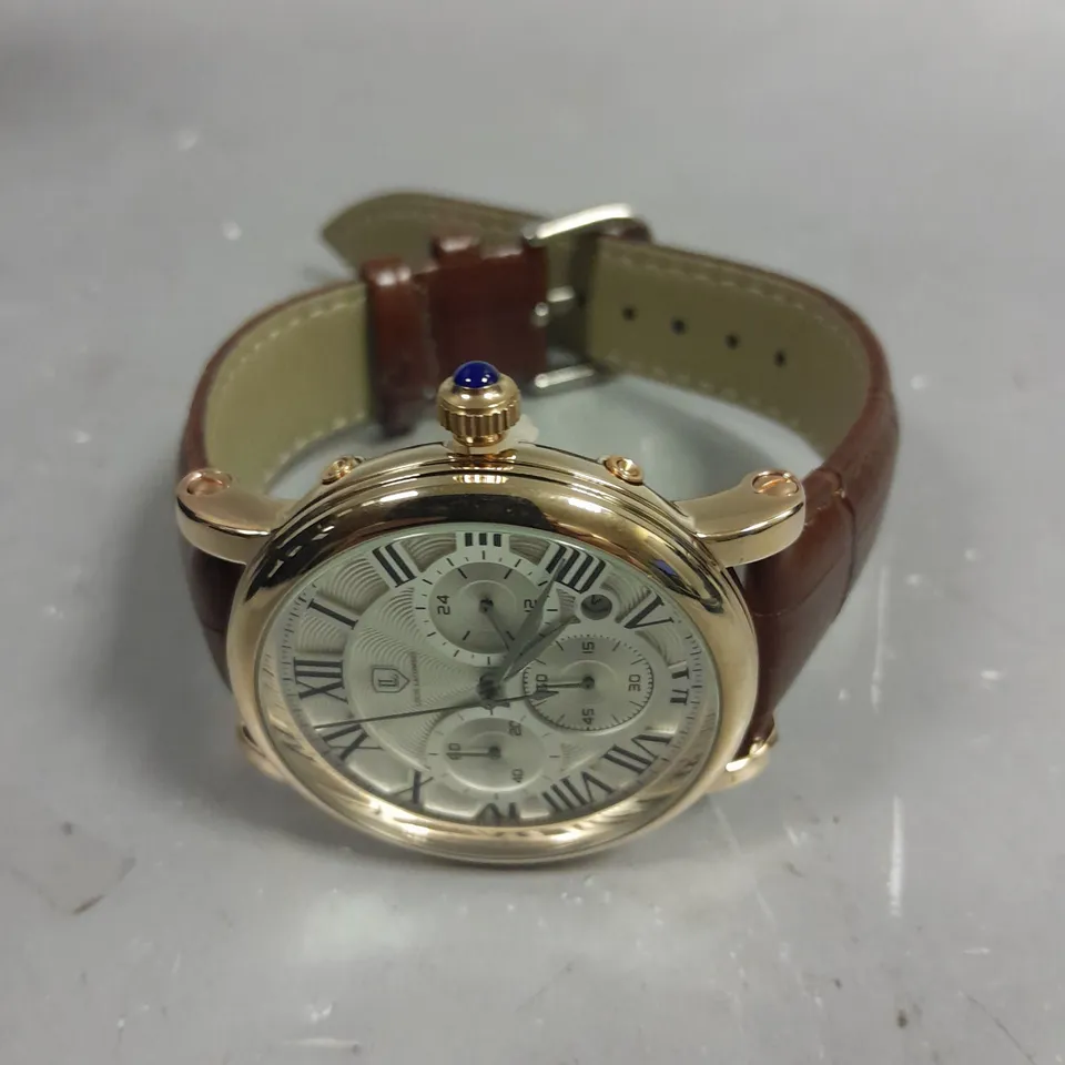 MENS LOUIS LACOMBE CHRONOGRAPH WATCH – MULTI FUNCTION DIAL WITH DATE – ROMAN NUMERAL DIAL – LEATHER STRAP
