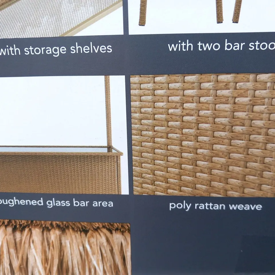 BRAND NEW BOXED TIKI BAR INCLUDING; 2 BAR STOOLS, STRAW EFFECT CANOPY 128CM X 56CM TOUGHENED GLASS BAR TOP, 2 STORAGE SHELVES AND FURNITURE COVER FOR STORAGE