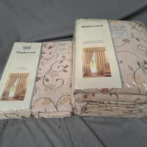 MAPLEWOOD PAIR OF FULLY LINED CURTAINS IN BEIGE FLORAL 228CMX228CM & CURTAIN PELMET