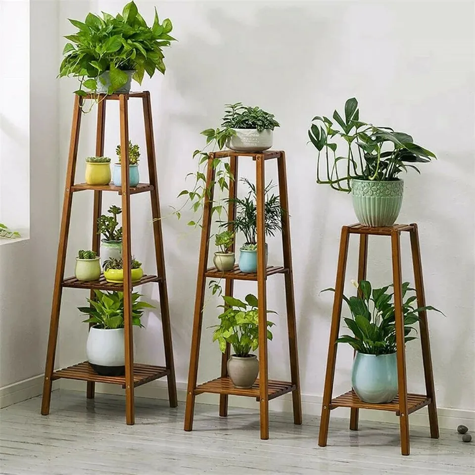 BOXED 4 TIERED PLANT STAND,BAMBOO PLANT POT HOLDER TALL PLANT DISPLAY SHELF FLOWER STAND INDOOR LADDER PLANTER SHELVES - MEDIUM