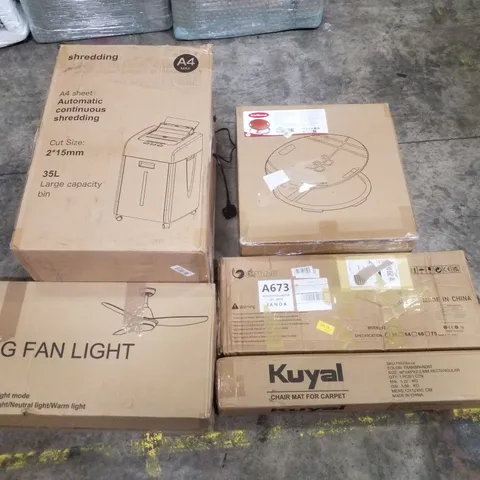PALLET CONTAINING ASSORTED PRODUCTS INCLUDING PAPER SHREDDER, 52" CEILING FAN LIGHT, CHAIR MAT FOR CARPET, BABY BED RAILS & KIDBLOOM SPINNING CHAIR
