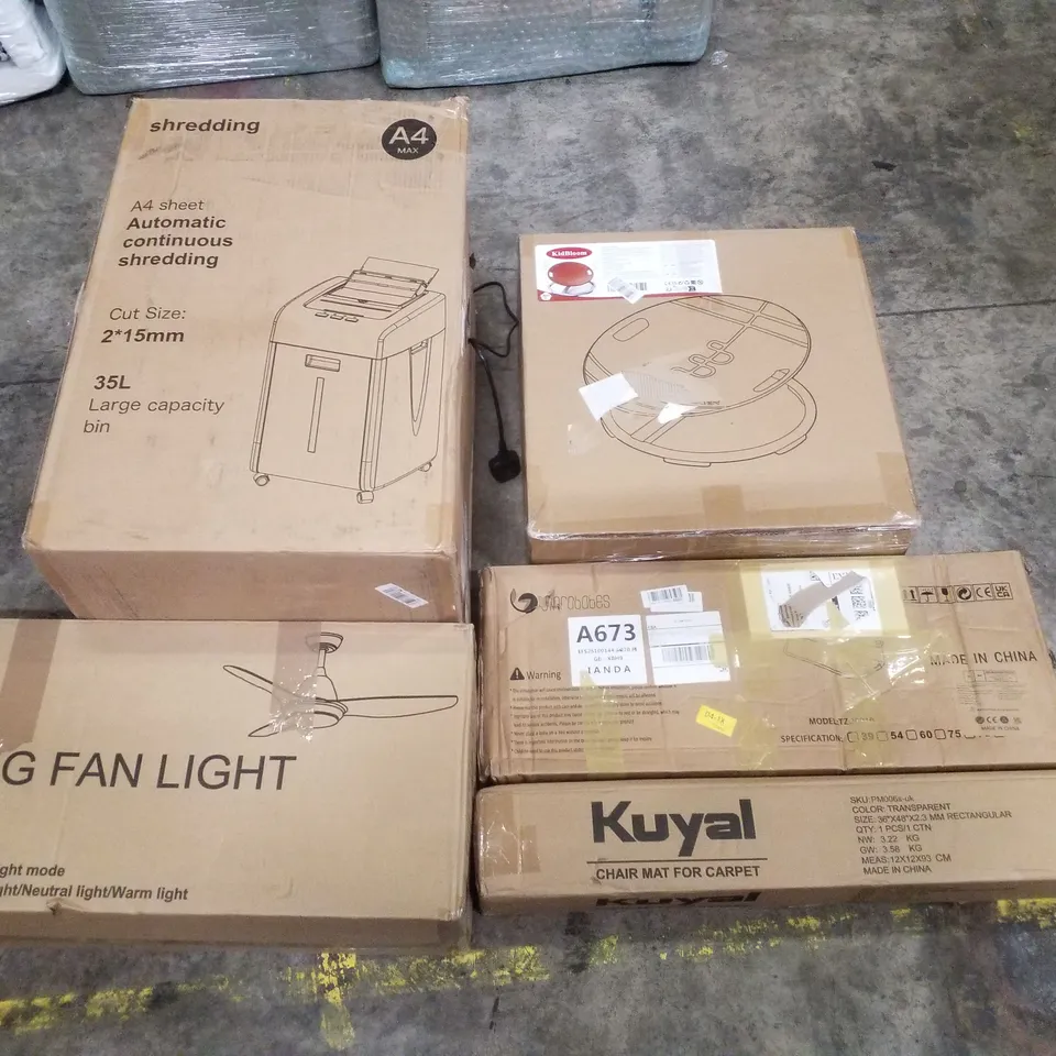 PALLET CONTAINING ASSORTED PRODUCTS INCLUDING PAPER SHREDDER, 52" CEILING FAN LIGHT, CHAIR MAT FOR CARPET, BABY BED RAILS & KIDBLOOM SPINNING CHAIR