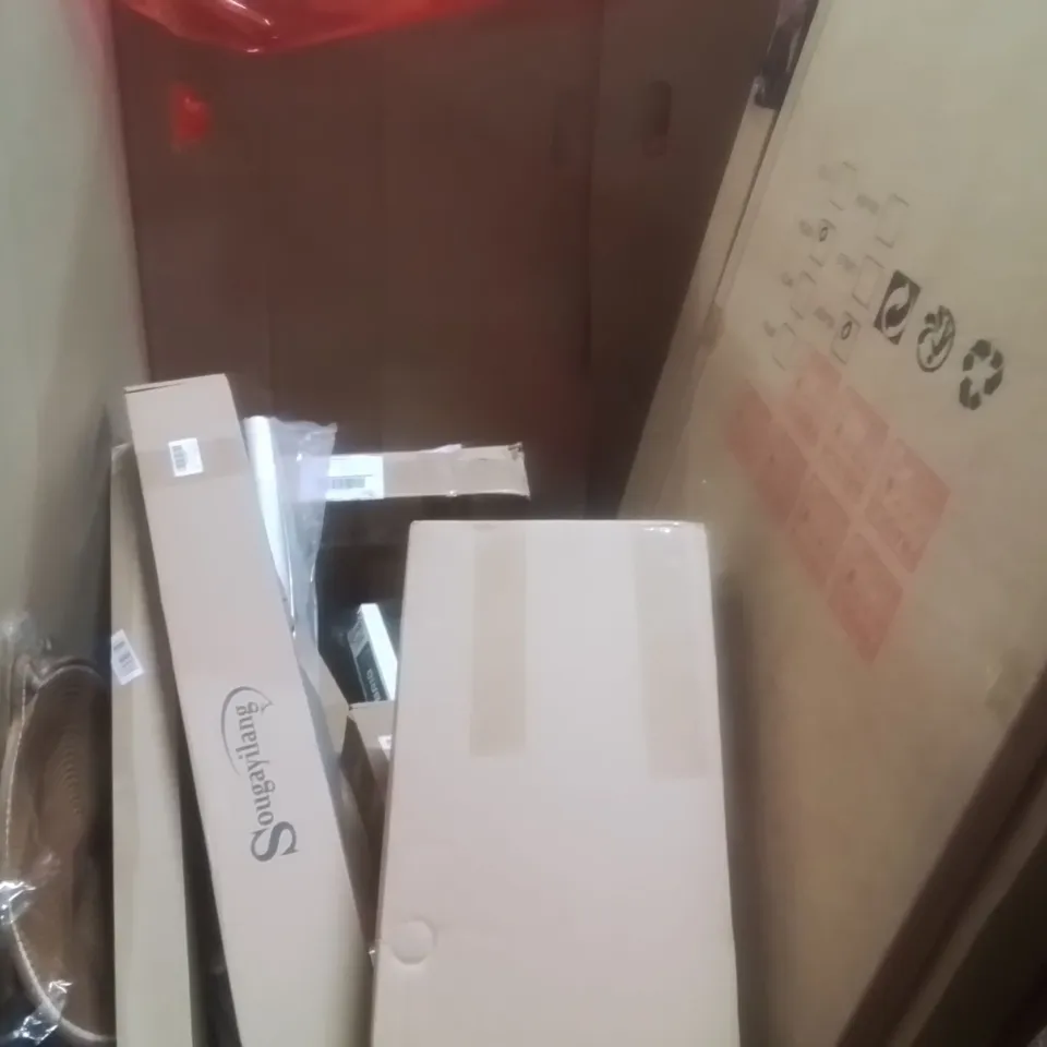 PALLET CONTAINING ASSORTED ITEMS TO INCLUDE: WATER FILTER, CAR WINDOW WIPERS, BED RAIL, FULL LENGTH MIRROR AND VIBRATION PLATE ETC...