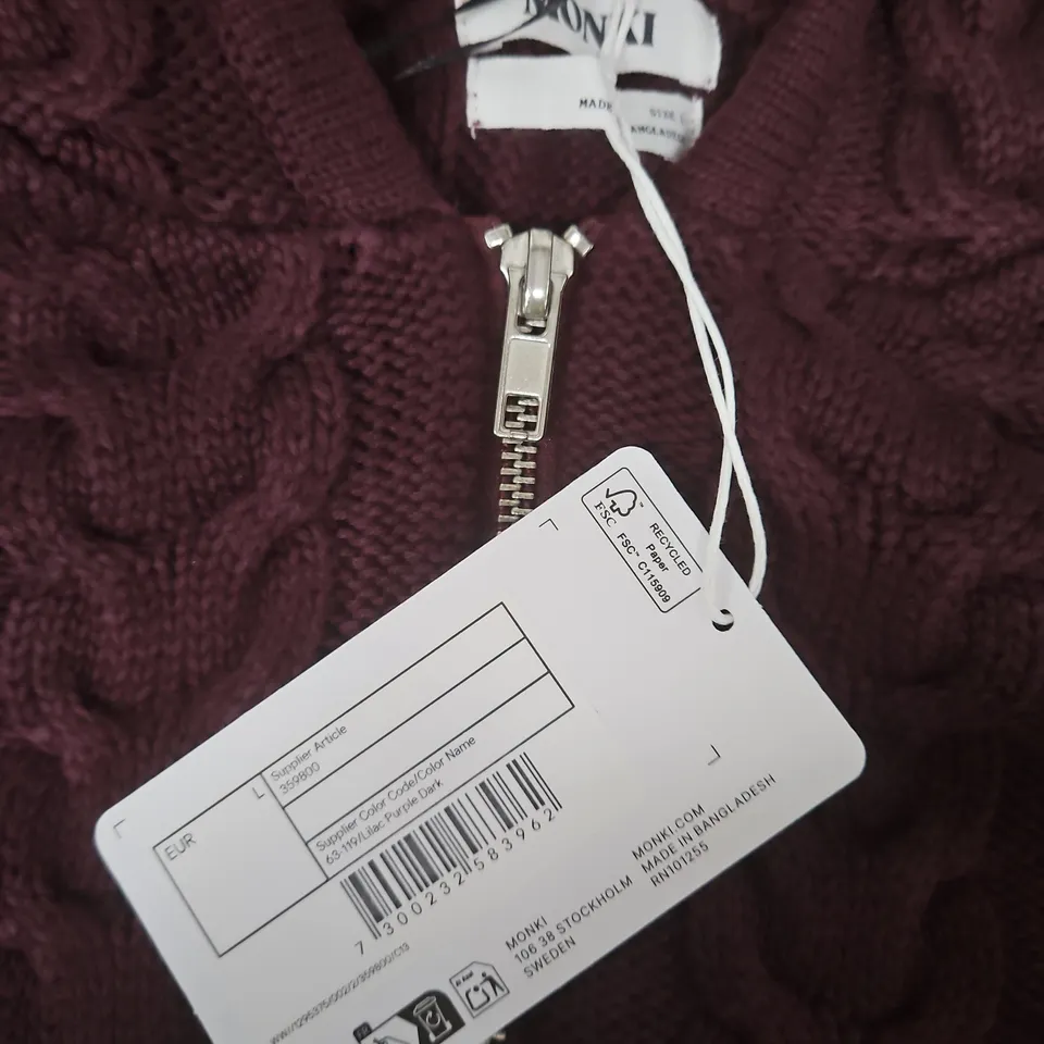 MONKI BURGUNDY KNIT ZIP HOODIE CARDIGAN – L