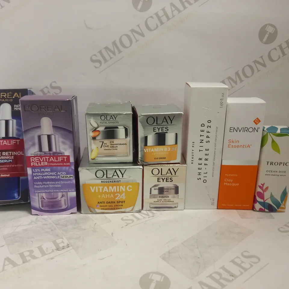 LOT OF 9 ASSORTED SKINCARE ITEMS, TO INCLUDE L'OREAL, OLAY, BEAUTY PIE, TROPIC & ENVIRON