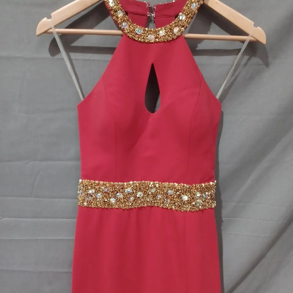 PIA MICHI HALTER NECK FAUX CRYSTAL DETAIL LONG DRESS IN RED - SIZE 36