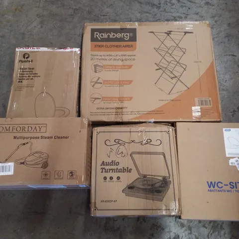 PALLET CONTAINING ASSORTED PRODUCTS INCLUDING TOILET SEAT, MULTIPURPOSE STEAM CLEANER, AUDIO TURNTABLE, TOILET SEAT & 3 TIER CLOTHES AIRER