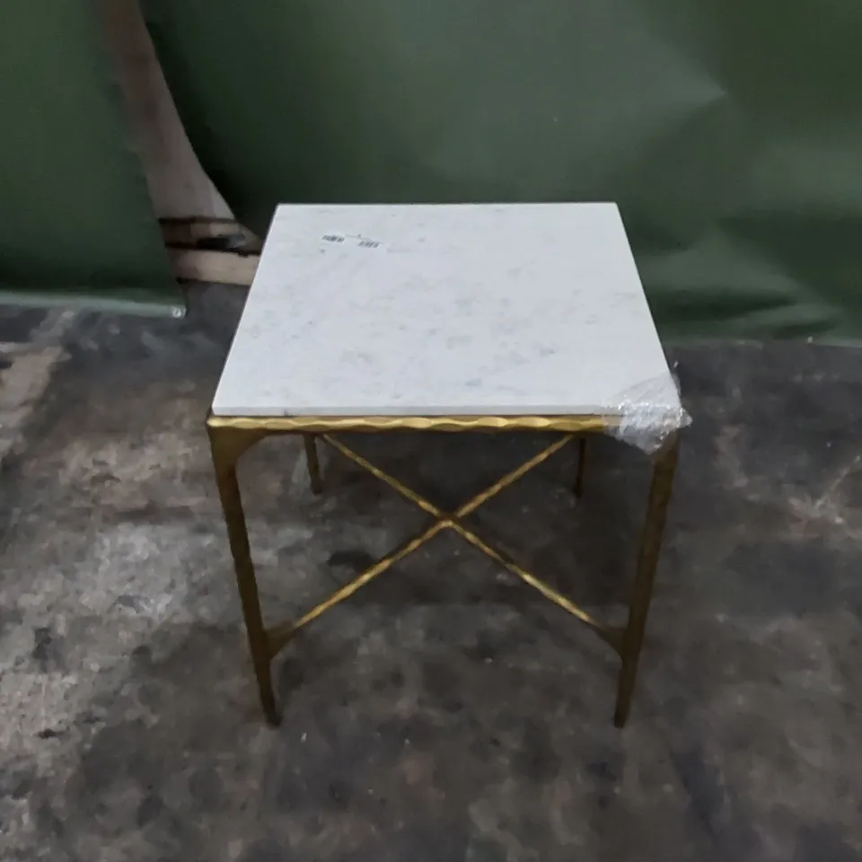 DESIGNER WHITE MARBLE SIDE TABLE WITH GOLD METAL FRAME 