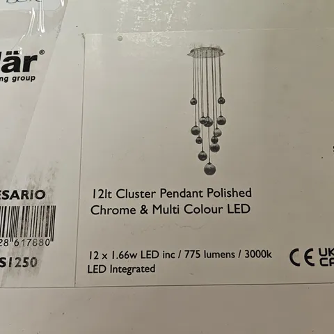 BOXED DAR CESARIO 12-LIGHTCLUSTER PENDANT LIGHT IN POLISHED CHROME & MULTI COLOUR LED