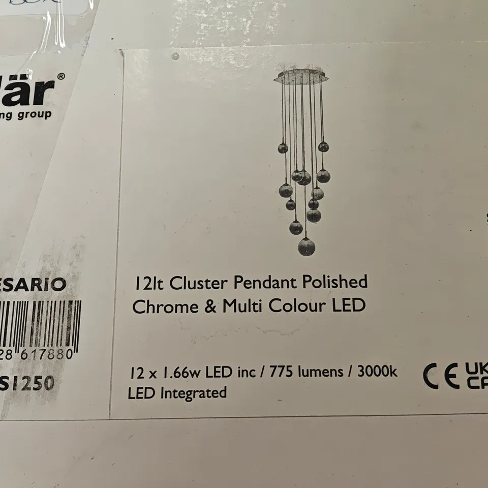 BOXED DAR CESARIO 12-LIGHTCLUSTER PENDANT LIGHT IN POLISHED CHROME & MULTI COLOUR LED