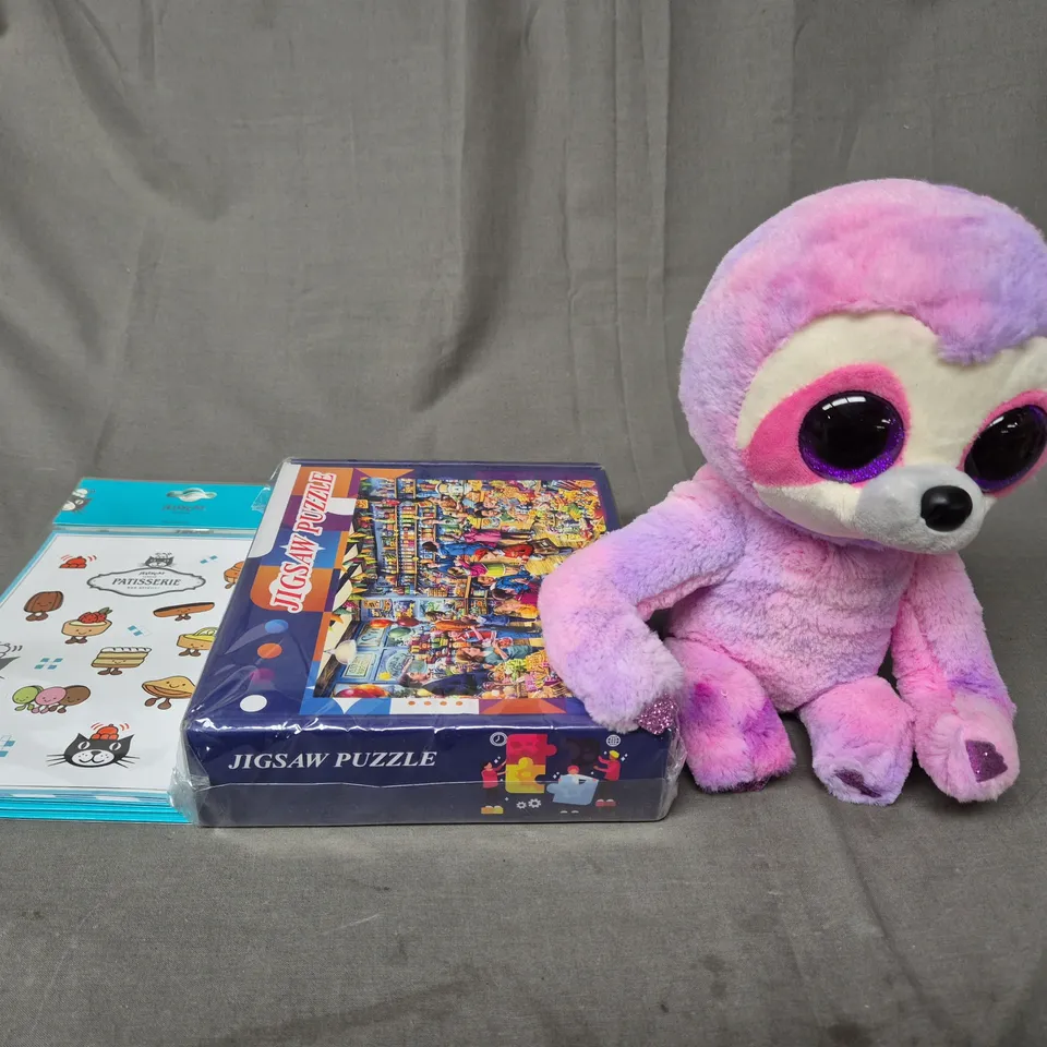 LARGE BOX OF ASSORTED TOYS AND GAMES TO INCLUDE TEDDIES, JELLYCAT STICKERS AND JIGSAWS