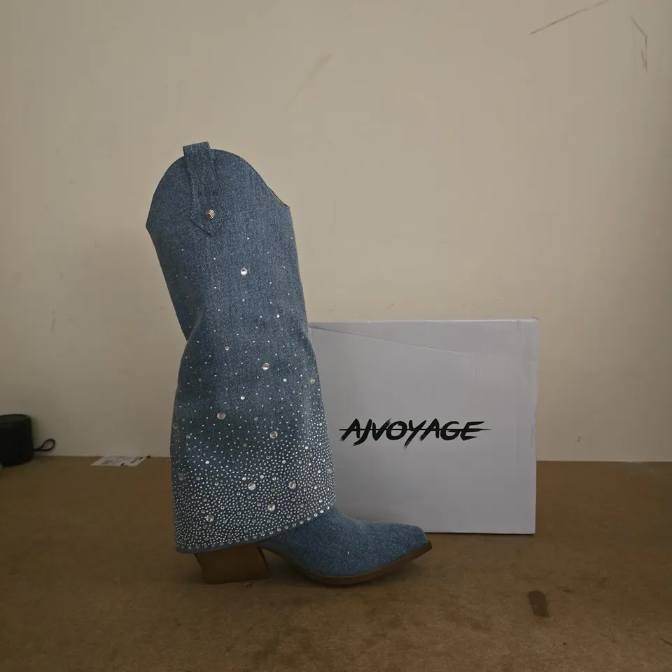 ANVOYAGE DENIM KNEE-HIGH BOOTS WITH RHINESTONE EMBELLISHMENTS – WOMEN'S