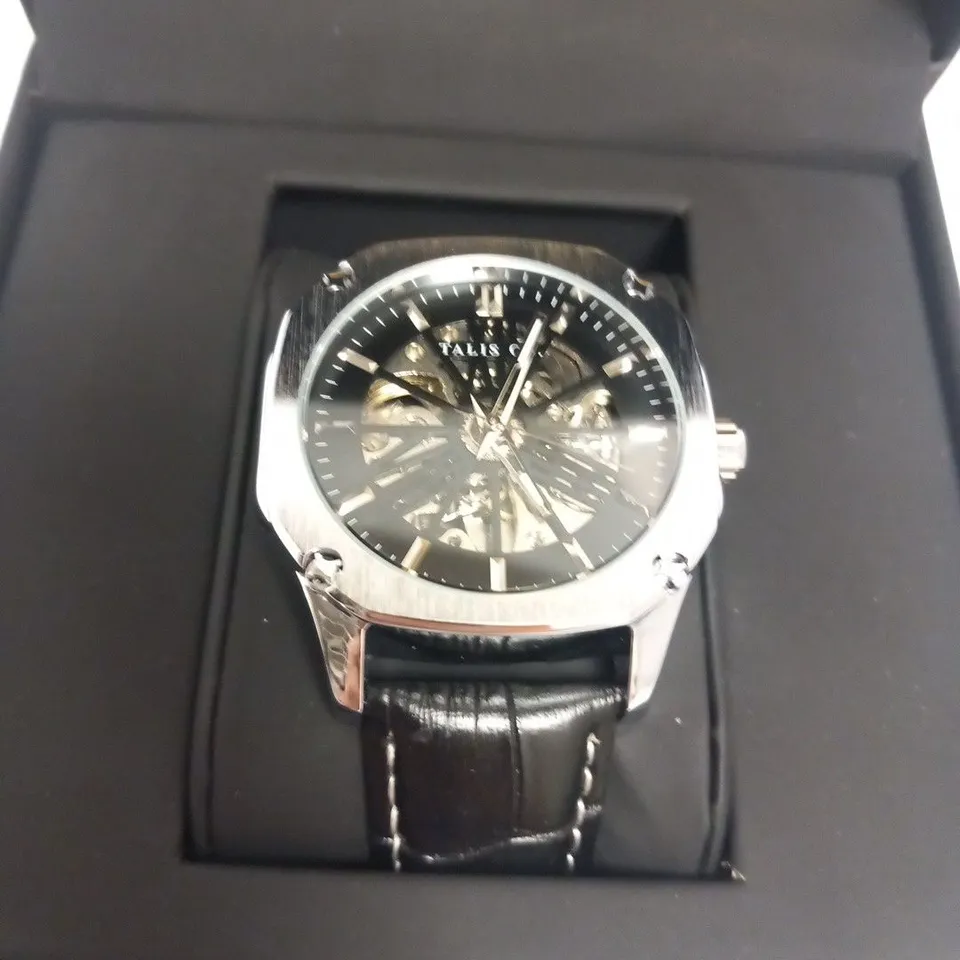 MEN’S TALIS CO  9185 AUTOMATIC SKELETON WATCH – BLACK DIAL – GOLD COLOUR CASE – GLASS EXHIBITION CASE BACK – LEATHER STRAP 
