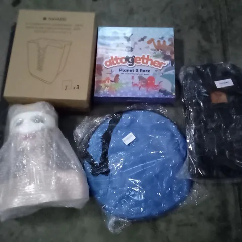 PALLET OF ASSORTED ITEMS INCLUDING NAVARIS COLLAPSIBLE PLASTIC LAUNDRY BASKET, POP UP TENT, HAIR DRESSING MANIKIN, ALTOGETHER KIDS BOARD GAME, CP LEATHER SATCHEL BAG
