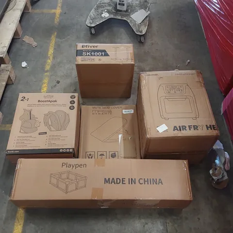 PALLET OF ASSORTED ITEMS INCLUDING: AIR FRYER, PLAYPEN, TRUNKI BOOSTAPAK, SPEAKER STAND, TOILET SEAT ECT