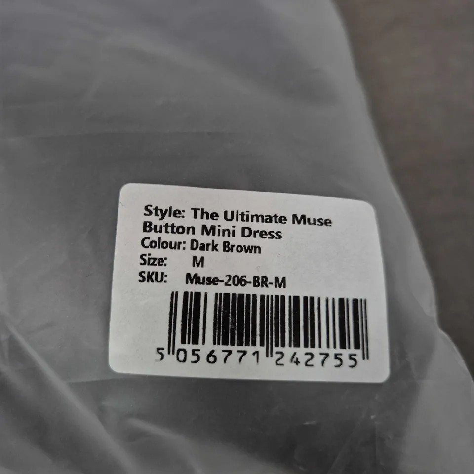 ODDMUSE LONDON THE ULTIMATE MUSE BUTTON MINI DRESS – DARK BROWN, SIZE M
