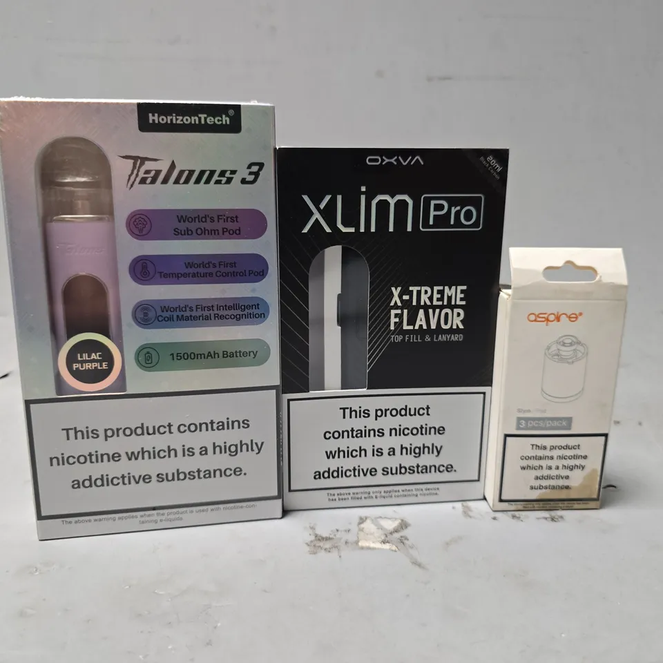 BOX OF APPROXIMATELY 15 ASSORTED E-CIGARETTES PRODUCTS TO INCLUDE - OXVA XLIM PRO , ASPIRE , HORIZON TECH TALOONS 3 
