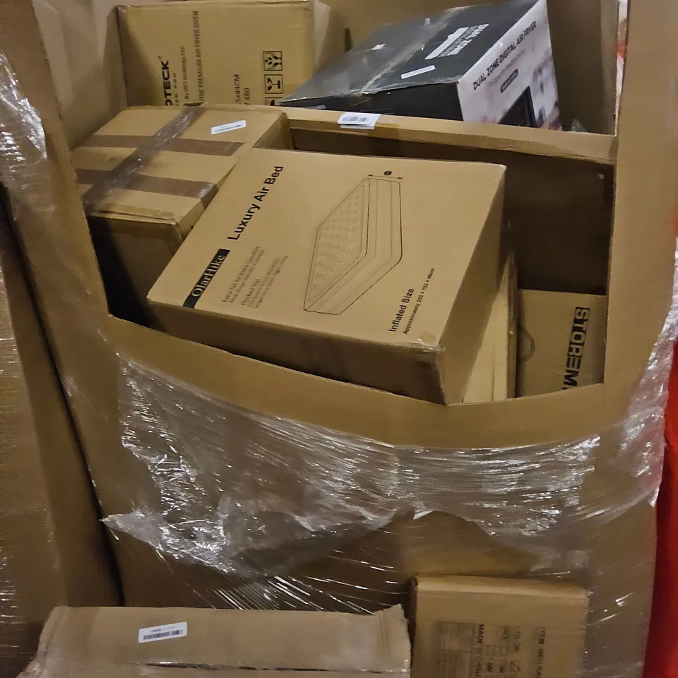 PALLET OF ASSORTED ITEMS TO INCLUDE, DUAL ZONE AIR FRYER, INFLATABLE MATTRESS, TOILET SEAT, CAFE TABLE, BED RAIL GUARD, ROLLER BLINDS.
