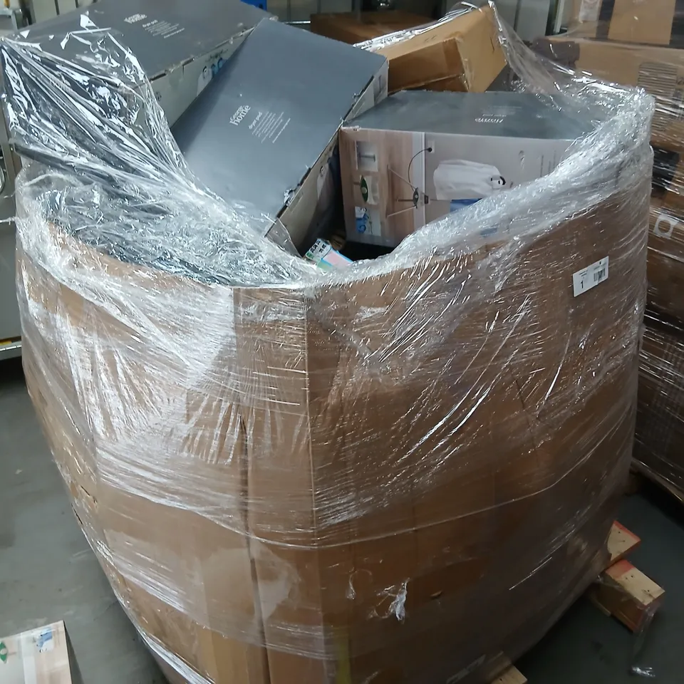 LARGE PALLET OF ASSORTED HOUSEHOLD PRODUCTS TO INCLUDE: DRYER POD, BLACK WOOD BAR SHELF, BALLOON TIME AND BOSCH TOASTER