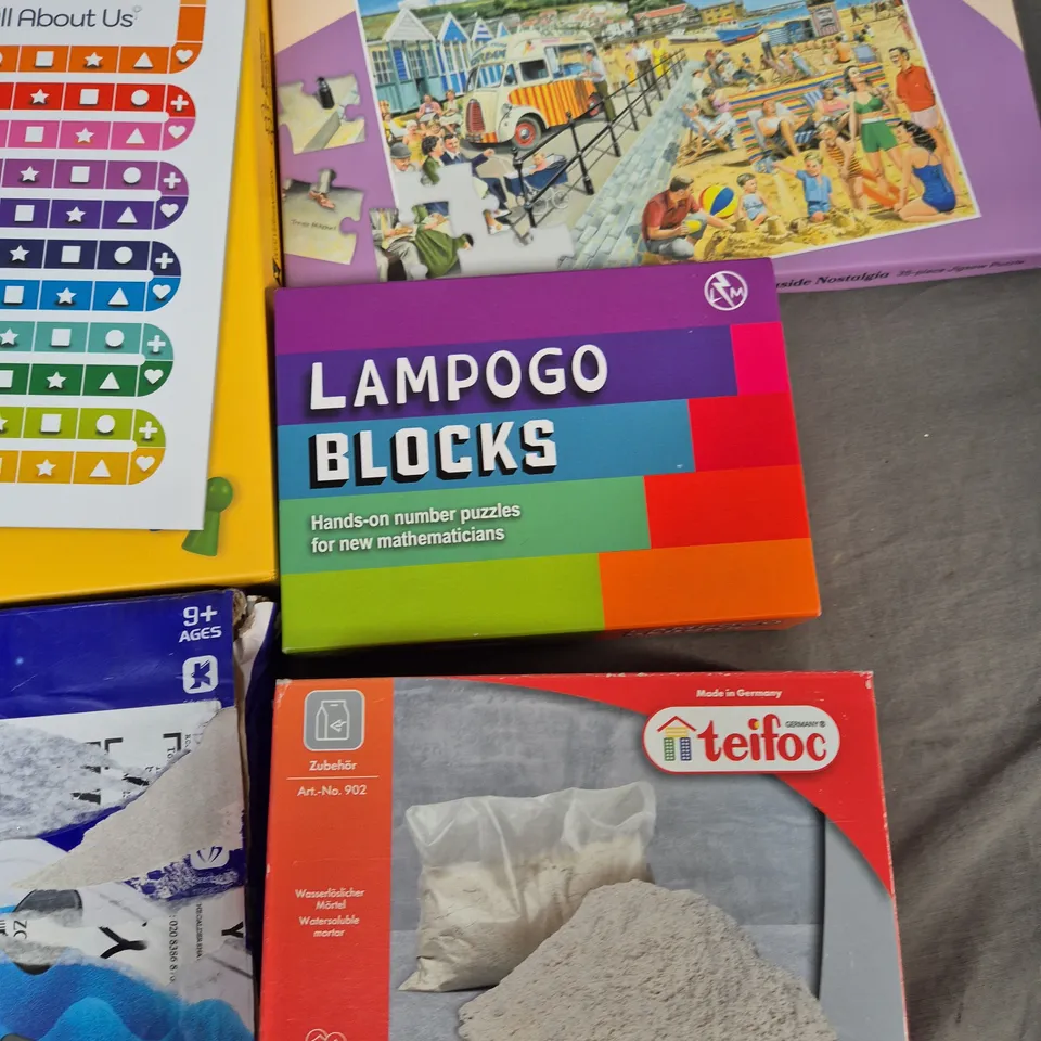 LOT OF 7 ASSORTED TOYS AND GAMES TO INCLUDE PAINT EXPLORATION KIT, LAMPOGO BLOCKS AND FOOTBALL QUIZ