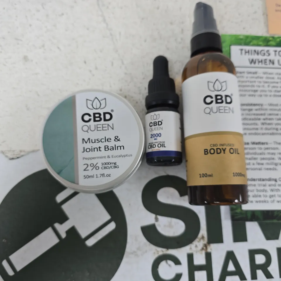 CBD QUEEN MUSCLE & JOINT BALM 50ML; CBD QUEEN CBD OIL 2000MG 10ML; CBD INFUSED BODY OIL 100ML