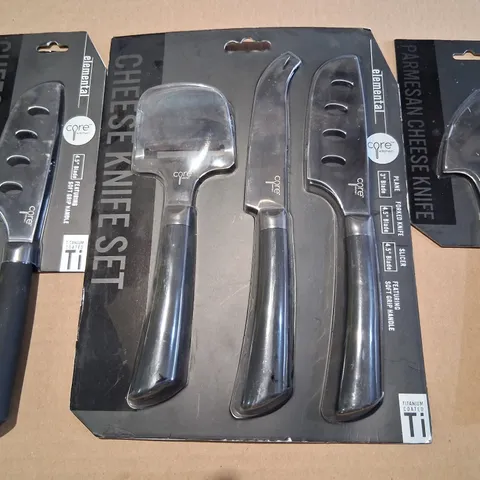 SET OF CORE KITCHEN ELEMENTAL CHEESE KNIVES TO INCLUDE; PARMESAN 3.5" BLADE, CHEESE SLICER 4.5" BLADE AND THREE PIECE SET FEATURING PLANE 3" BLADE, FORKED 4.5" BLADE AND SLICER 4.5" BLADE