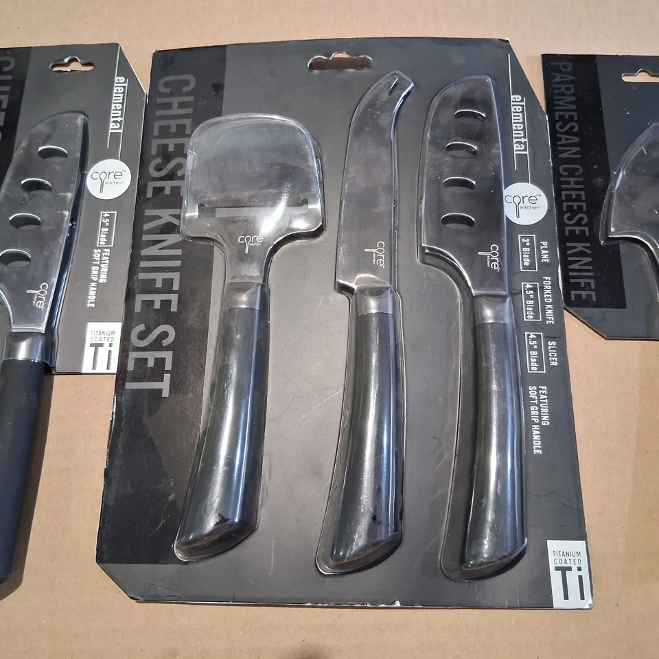 SET OF CORE KITCHEN ELEMENTAL CHEESE KNIVES TO INCLUDE; PARMESAN 3.5" BLADE, CHEESE SLICER 4.5" BLADE AND THREE PIECE SET FEATURING PLANE 3" BLADE, FORKED 4.5" BLADE AND SLICER 4.5" BLADE