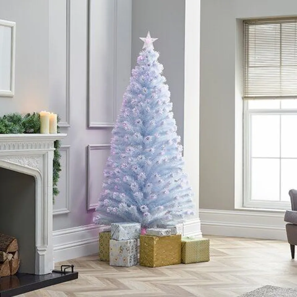 BOXED WHITE ARTIFICIAL CHRISTMAS TREE WITH PINK LIGHTS