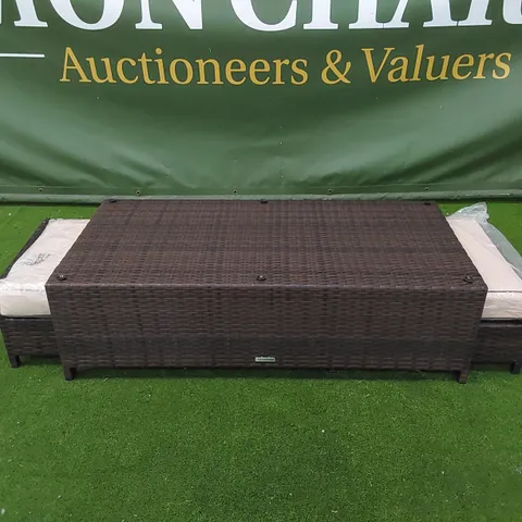 DESIGNER CHOCOLATE MIX RATTAN COFFEE TABLE WITH UNDERSIDE FOOTSTOOLS - MISSING GLASS TOP