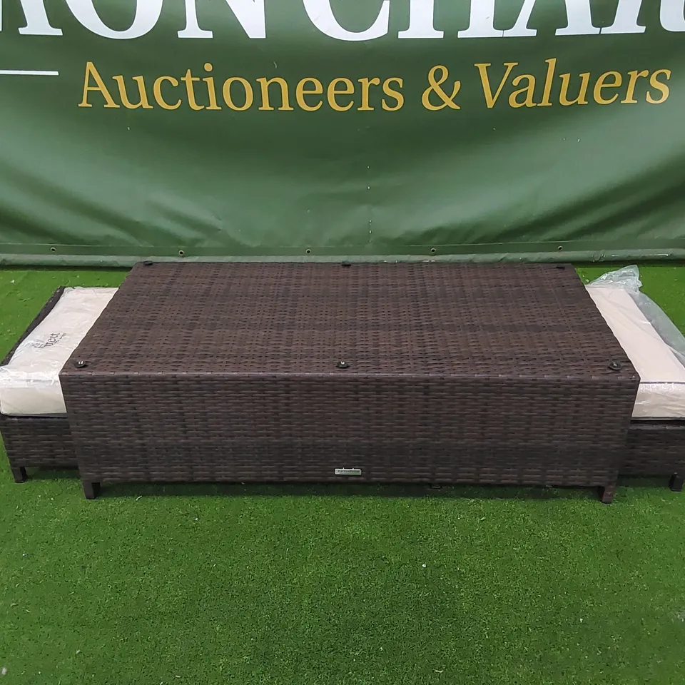 DESIGNER CHOCOLATE MIX RATTAN COFFEE TABLE WITH UNDERSIDE FOOTSTOOLS - MISSING GLASS TOP