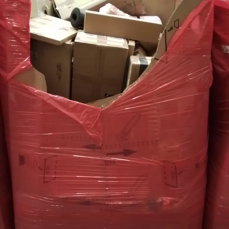 PALLET CONTAINING VARIOUS ASSORTED BOXED HOUSEHOLD ITEMS TO INCLUDE: AIR COOLER, ROLLING STOOL, CEILING FAN WITH LIGHT, YOGA MATS AND LOTS MORE UNMARKED BOXED ITEMS 